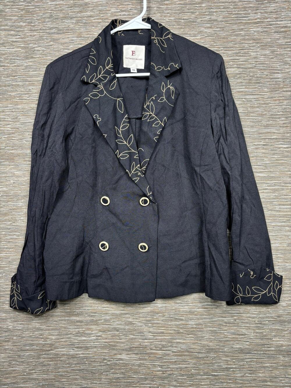 Vintage Fattaneh Bahari Blazer Womens 10 Black Floral Double Breasted Made USA